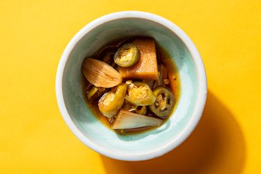 Overhead of a small banchan-sized serving bowl of jangajji.