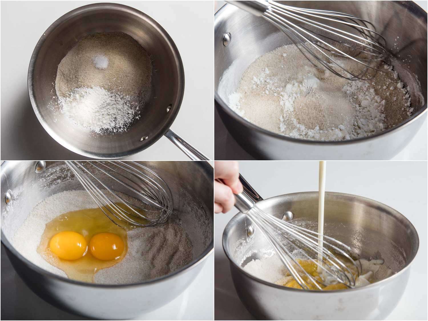 4-image collage: mixing ingredients for base of buttermilk ice cream, starting with sugar and cornstarch, followed by eggs and buttermilk. 