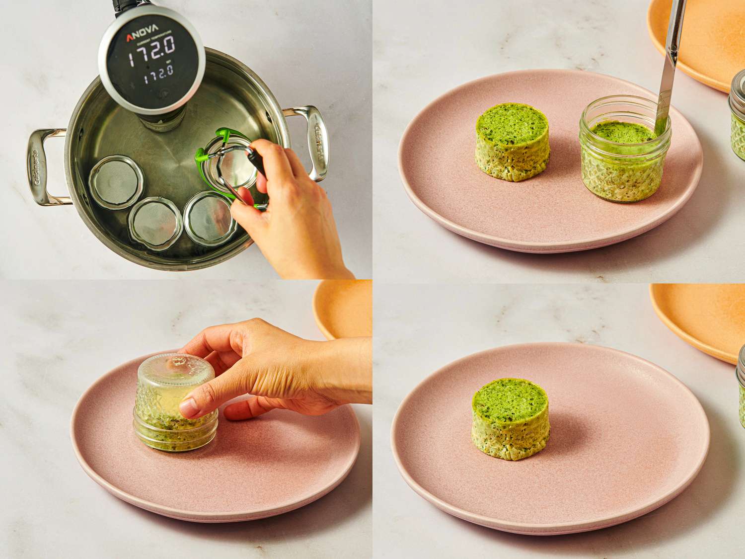 Steps to prepare kale and mushroom egg bites including steaming in jars and transferring to a plate