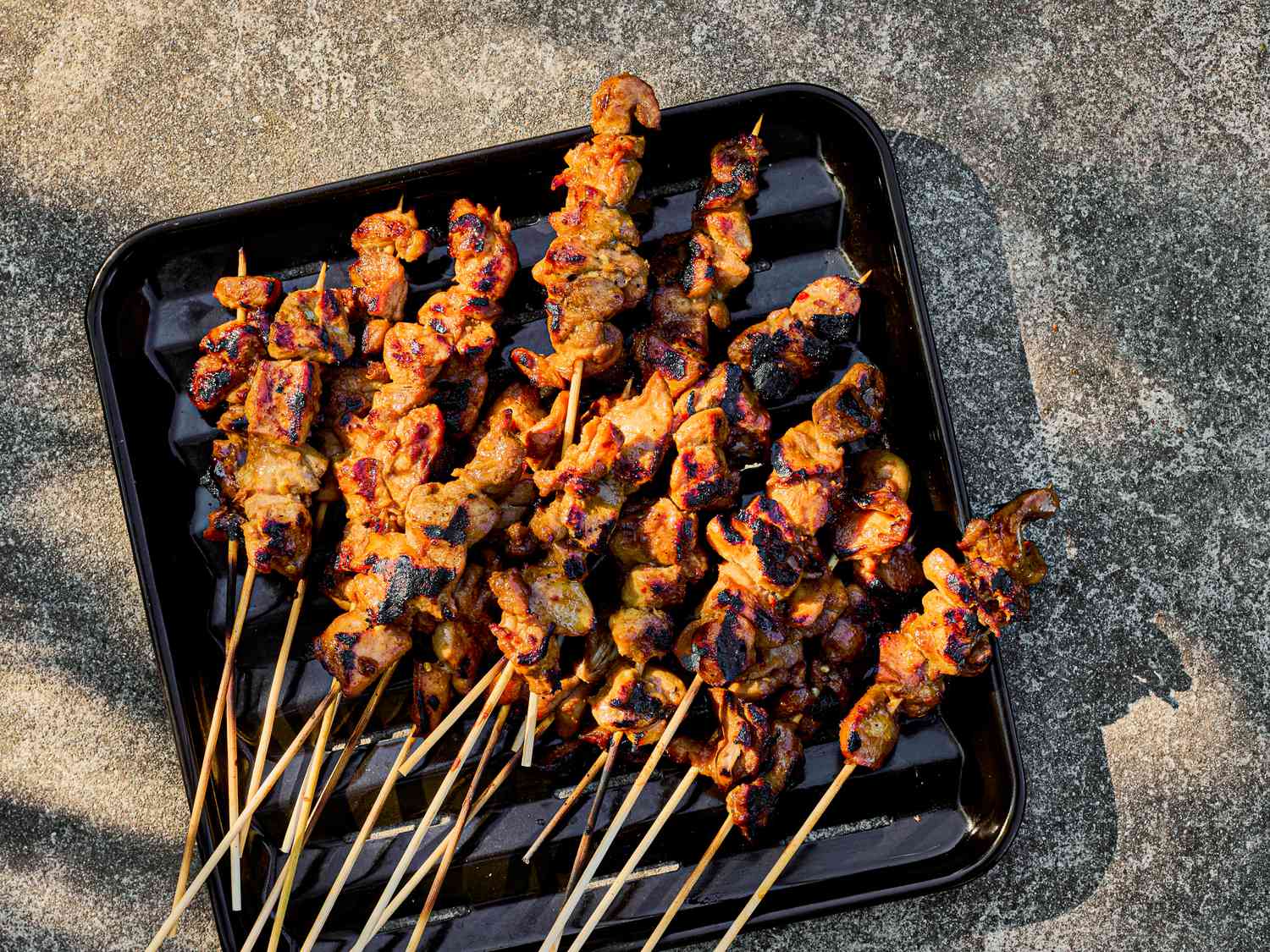 Overhead view of finished chicken sate