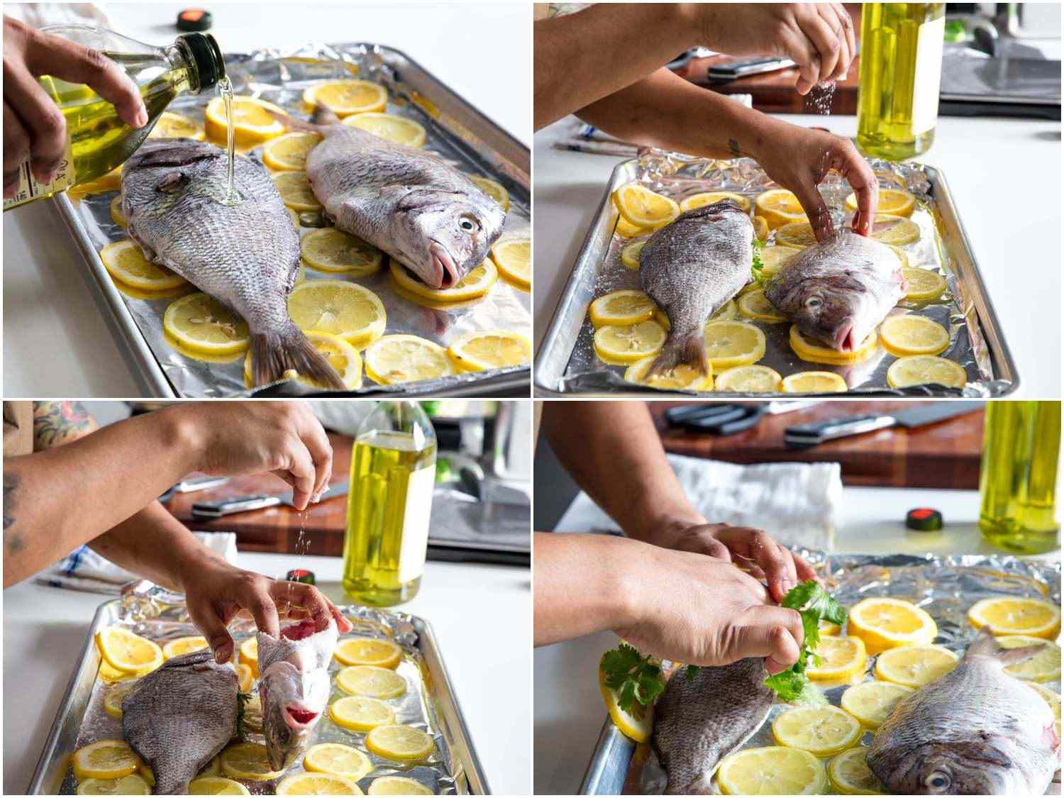 Collage of whole porgy getting seasoned for the broiler: first with olive oil, followed by salt on the exterior and the cavity and finally herbs stuffed inside the cavity.