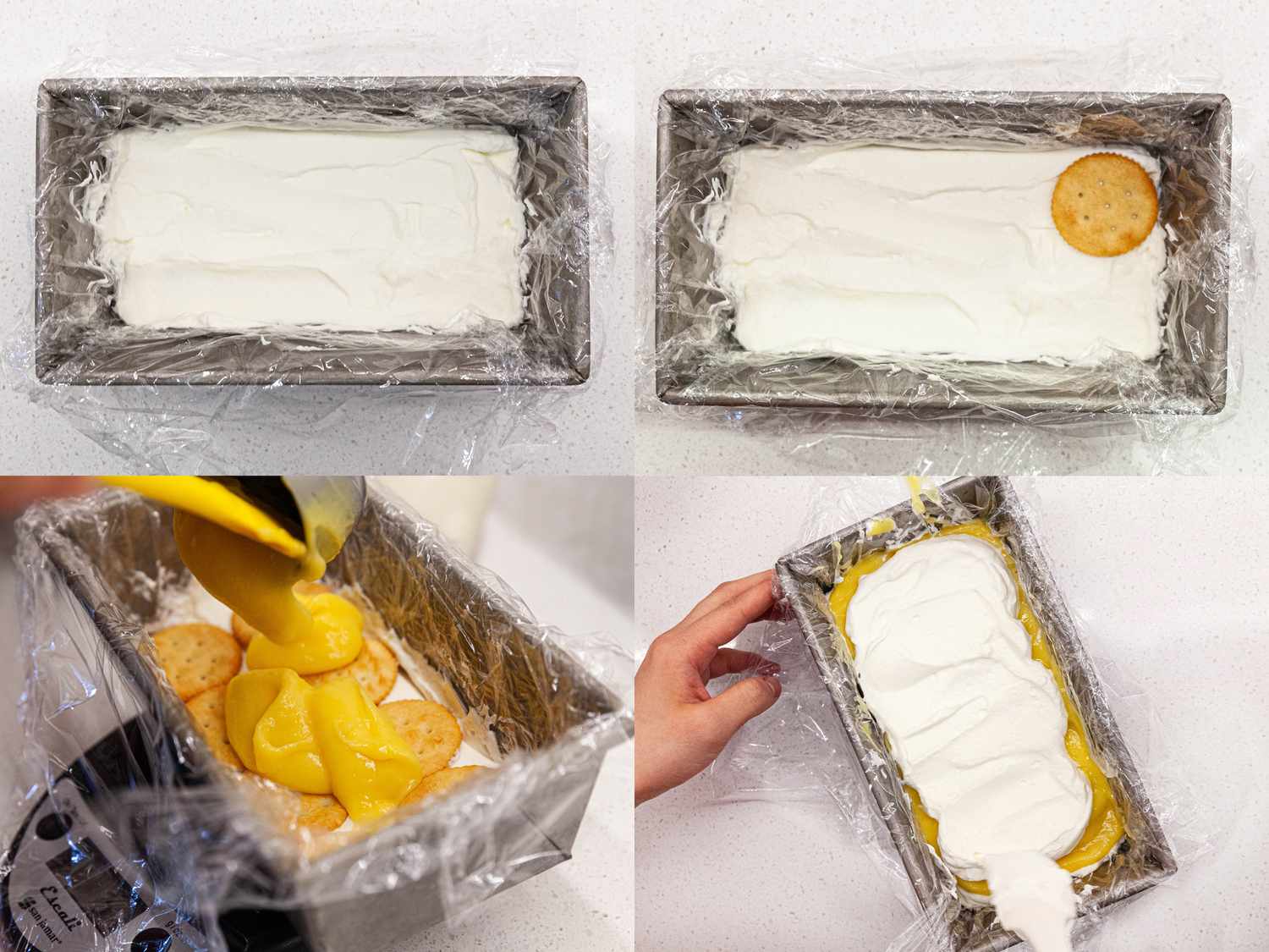 4 image collage: Top Left: loaf tin with layer of whipped cream along the bottom. Top Right: Loaf tine with plastic wrap, then a later of whipped cream, and a ritz cracker layered on top. Bottom Right: Loaf pan with layers of whipped cream, then ritz crackers, then lemon curd being poured on. Bottom Left: Loaf tin with layer of whipped cream being added on top of the lemon curd 