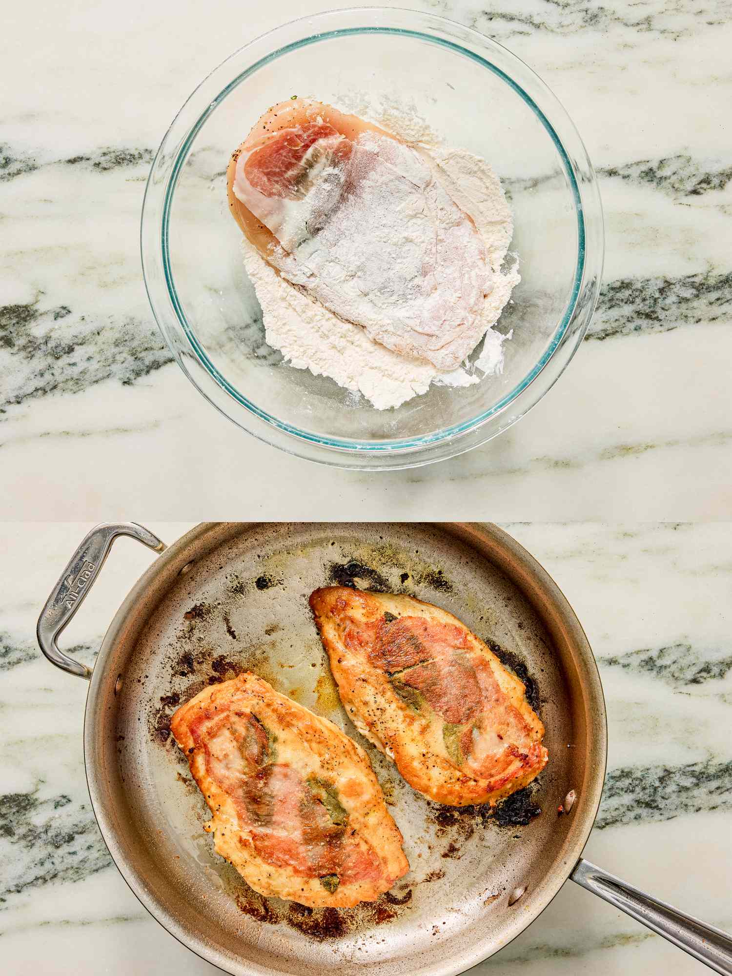 Chicken saltimbocca preparation breaded chicken in flour and browned pieces in a skillet