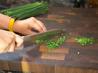a person using the misono ux10 to slice chives
