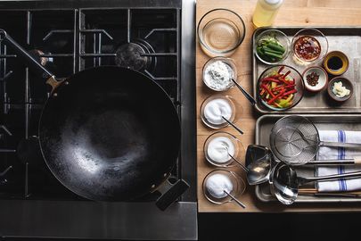 Overhead view of a wok station