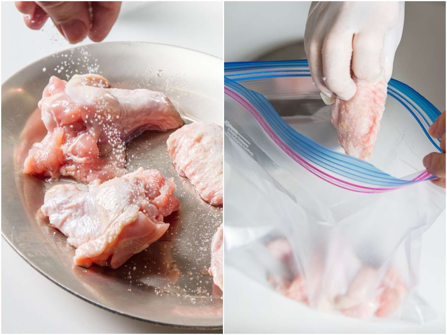A collage of 2 photos showing seasoning chicken wings and placing into zipper-lock bags to cook sous vide.