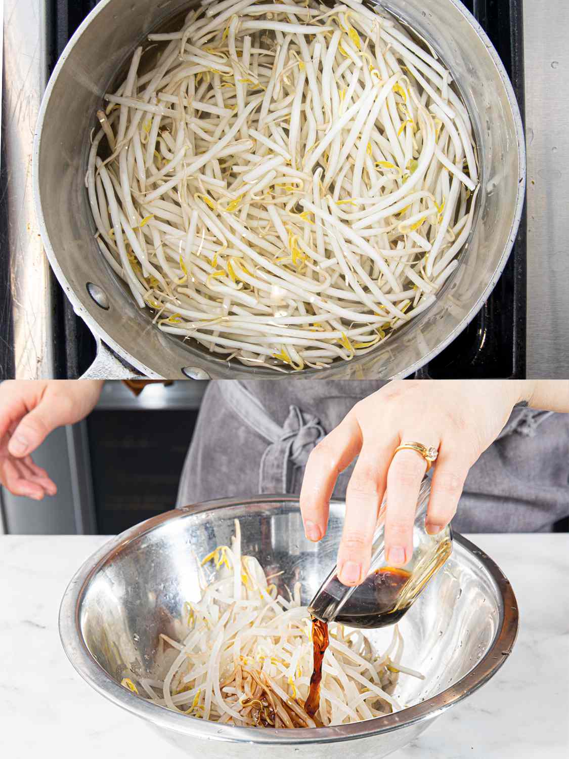 Two image collage of bean sprouts being cooked and then seasoned in a metal bowl