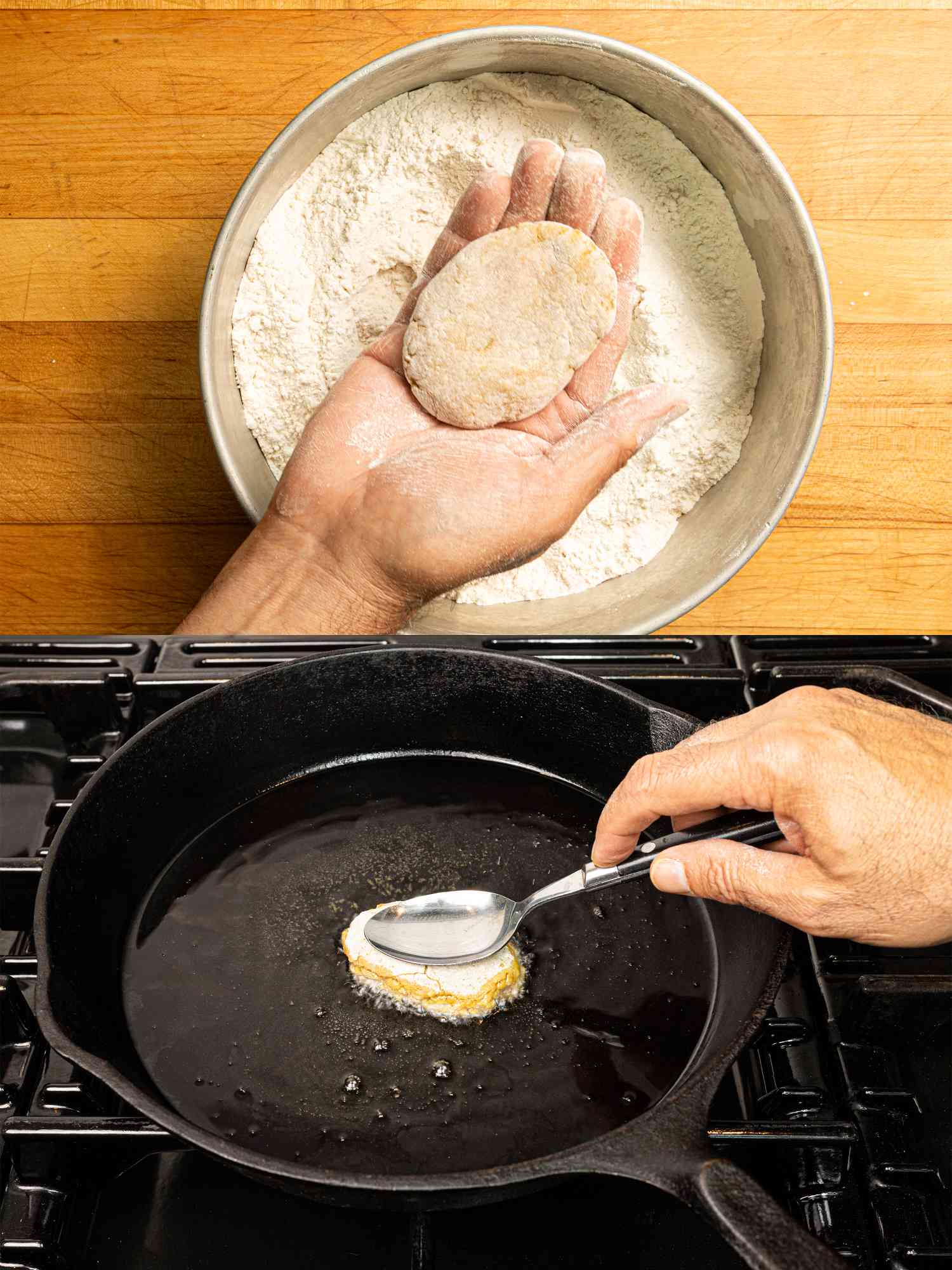 Two image collage of patty formed and being slightly dimpled when put into pan