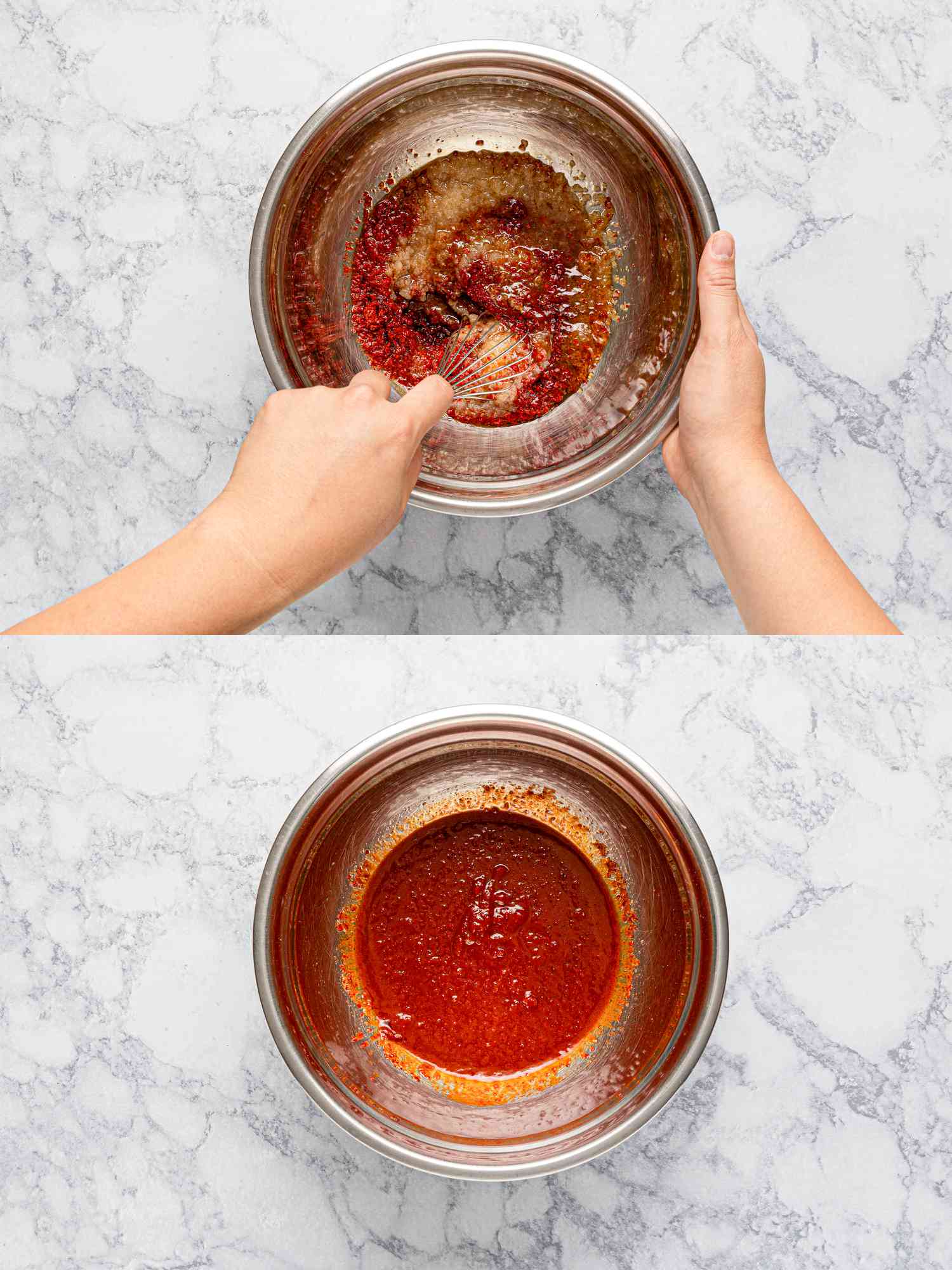 Two image collage of mixing sauce