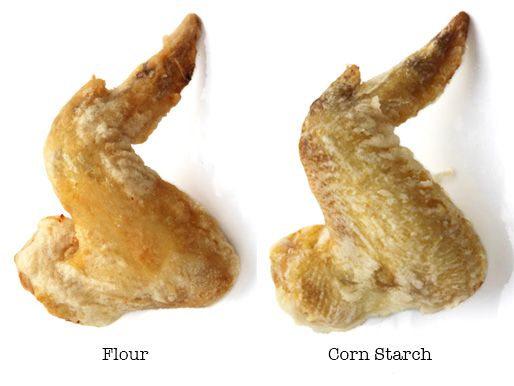 An image comparing frying a chicken wing covered in flour and on that was covered in cornstarch. 