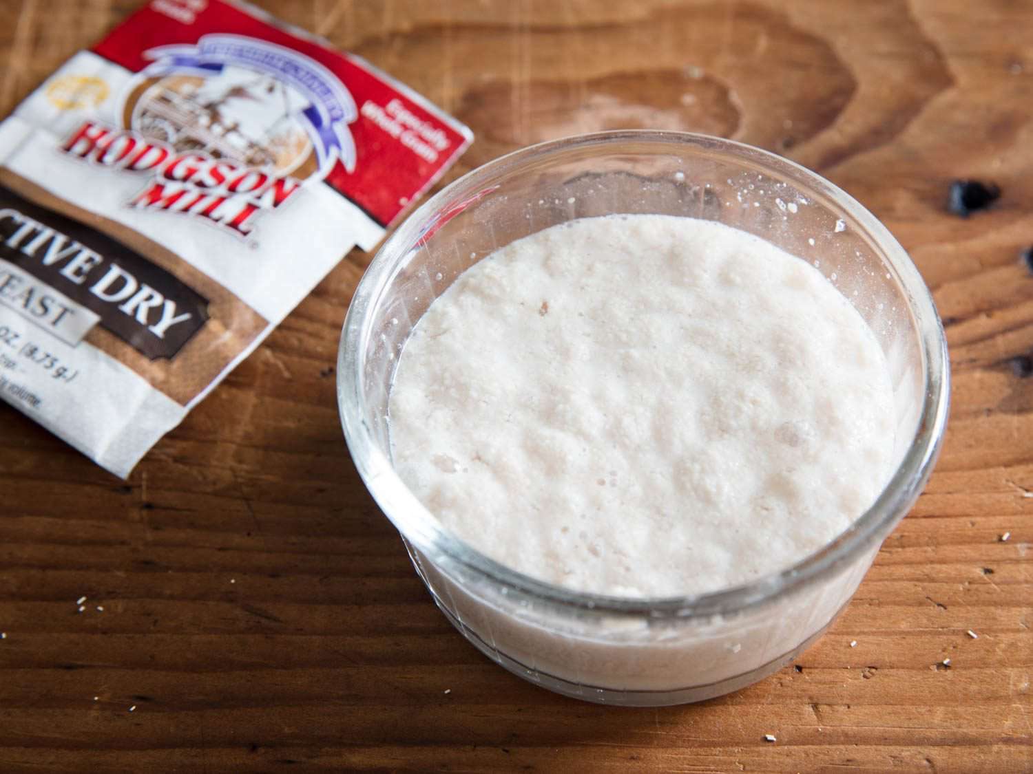 Hodgson Mills Active Dry Yeast blooming in a small bowl
