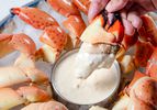 A hand dipping the meat of a stone crab claw into mustard dip