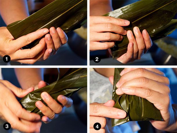 A collage: closing the joong by wrapping the third leaf around top of the two leaves; sealing the joong by taking the outer edge of the third leave and folding it towards the center. 