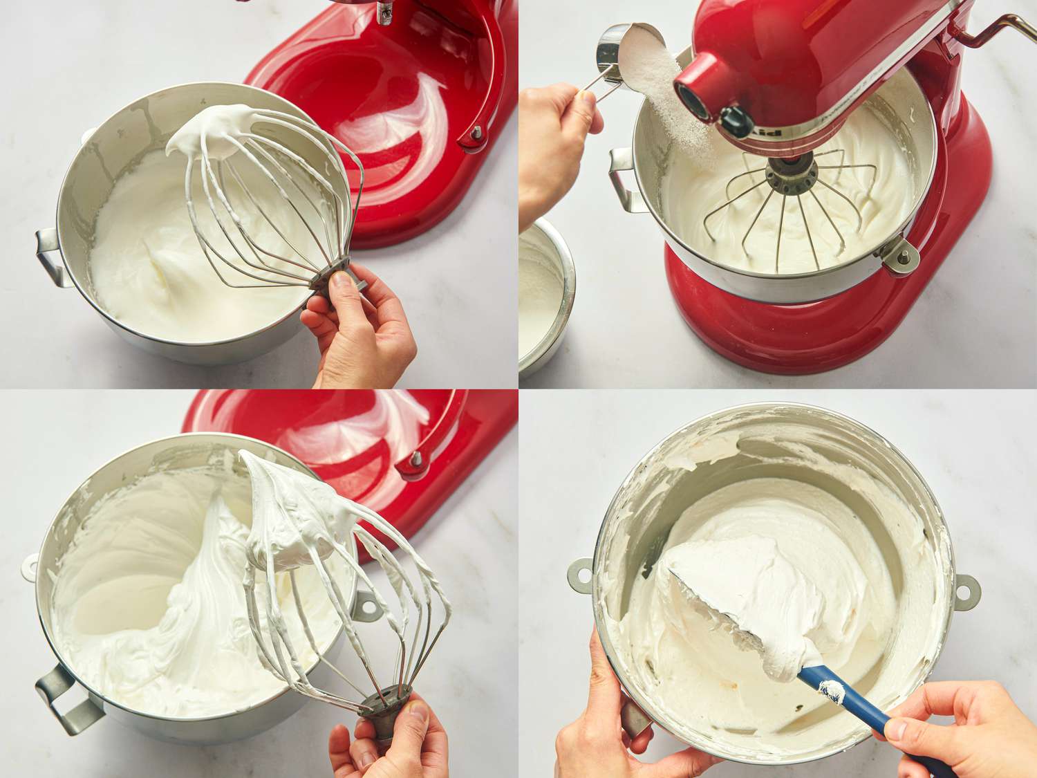 4 image collage. Top left: peaks formed in mixer bowl. Top Right: adding sugar to stand mixer. Bottom Left: meringue with peaks fully formed. Bottom Left: folding almond flower 