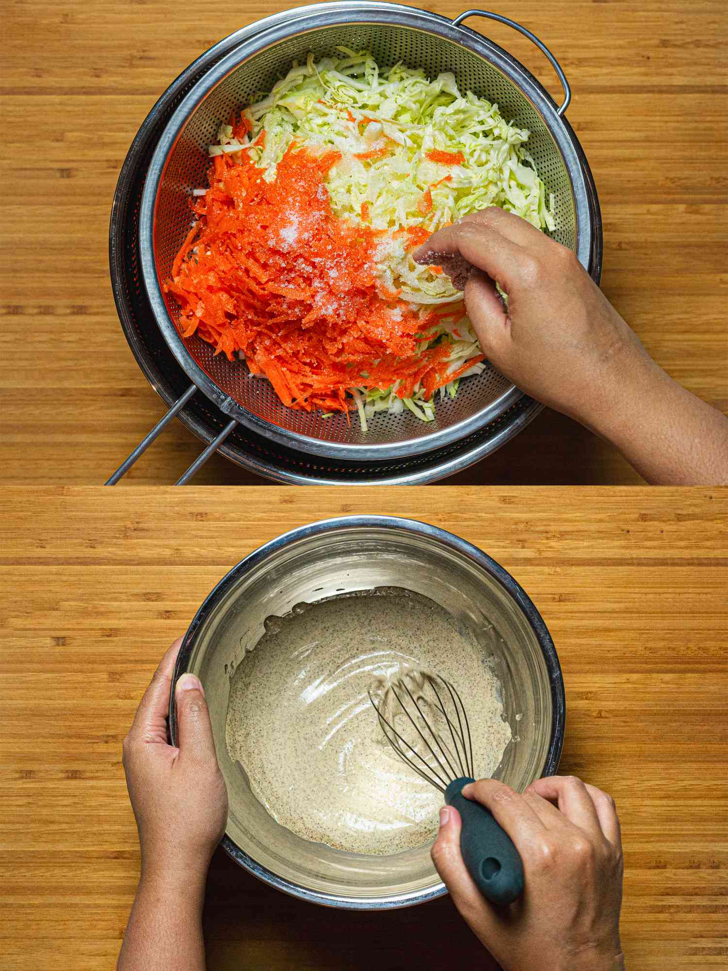 Two image collage of salting vegetables and whisking dressing together