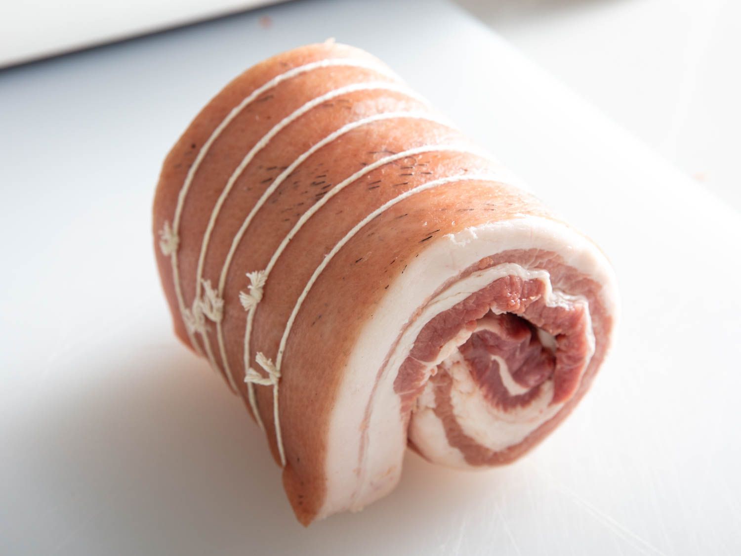 Rolled up skin-on pork belly tied in 3/4" intervals with butcher's twine.