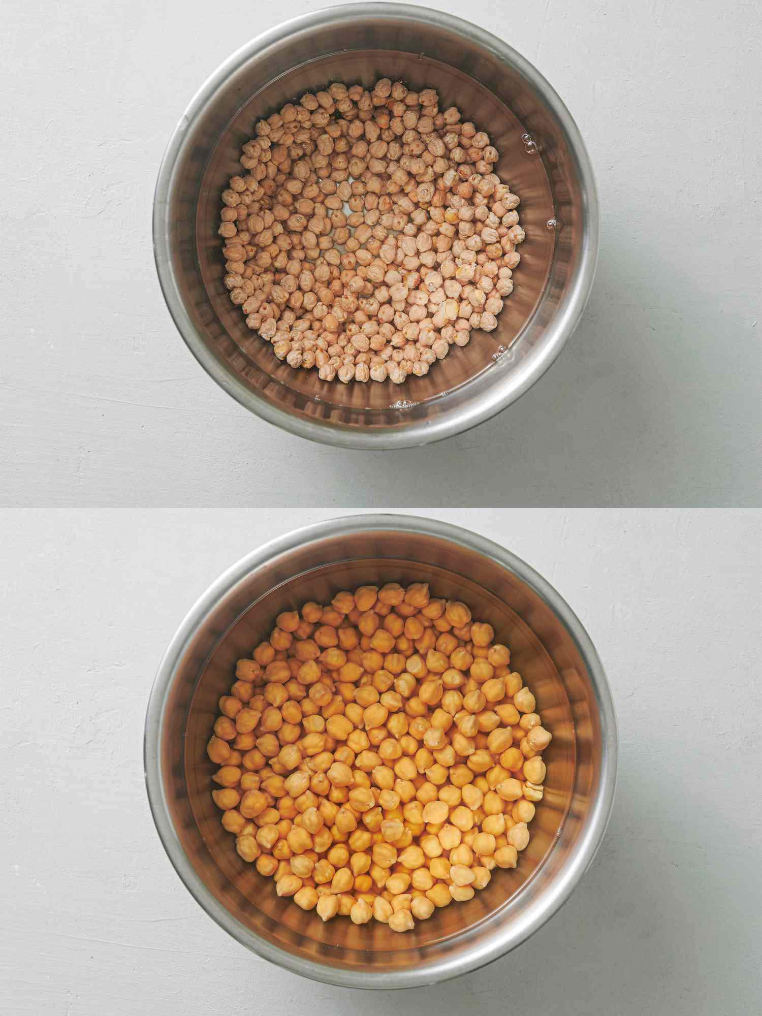 Two-image collage: chickpeas before and after soaking in a large bowl. The chickpeas have tripled in volume after soaking.
