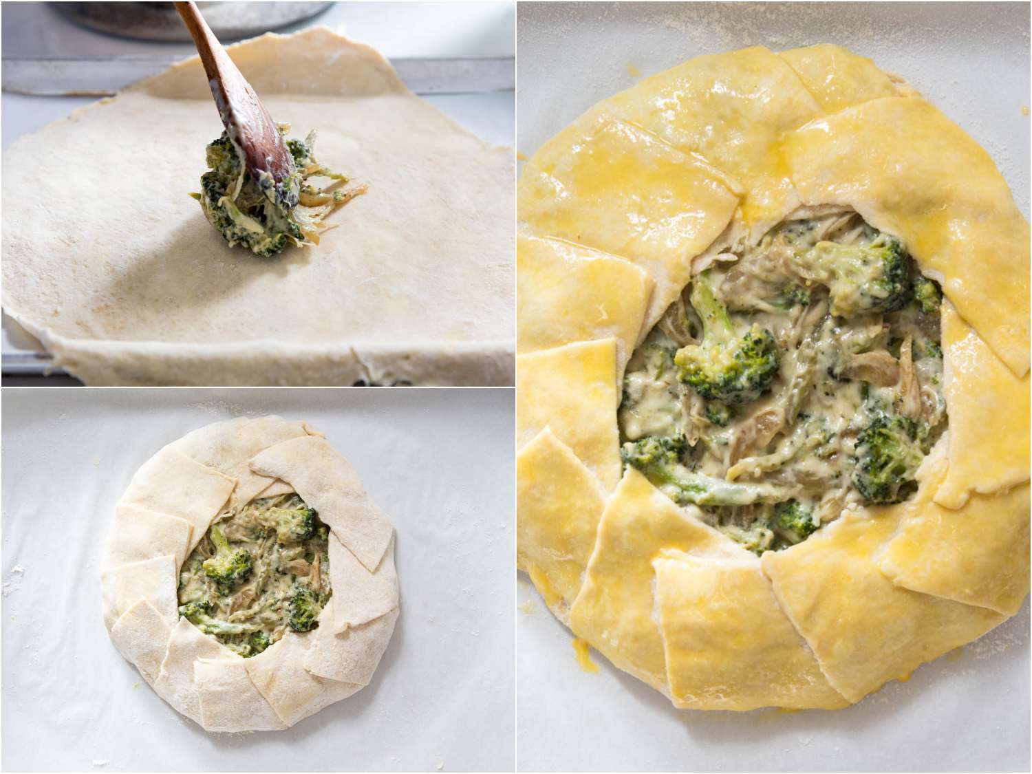 Collage of assembling a broccoli galette