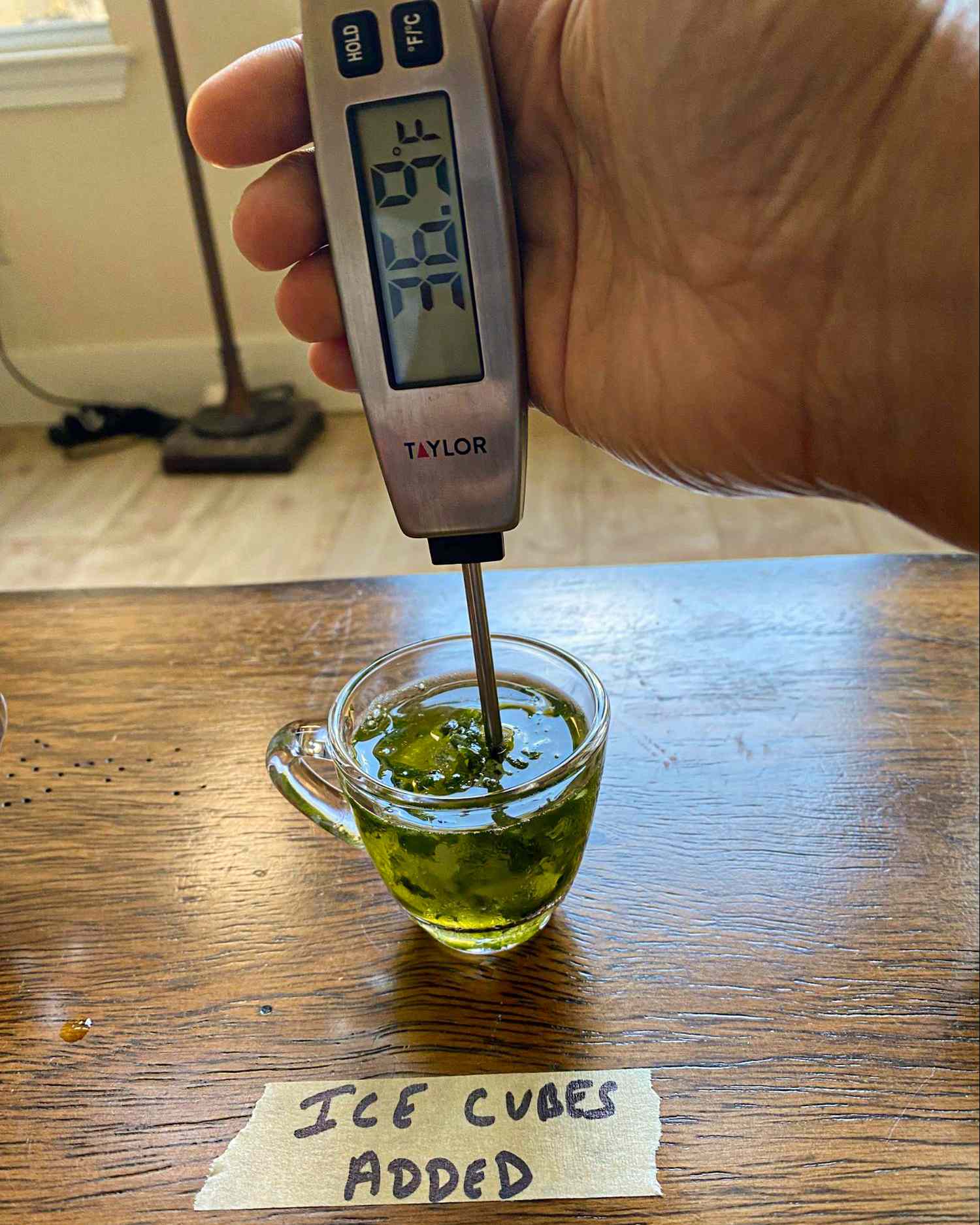 Thermometer displaying temperature in a small glass containing pesto with a label reading Ice cubes added nearby