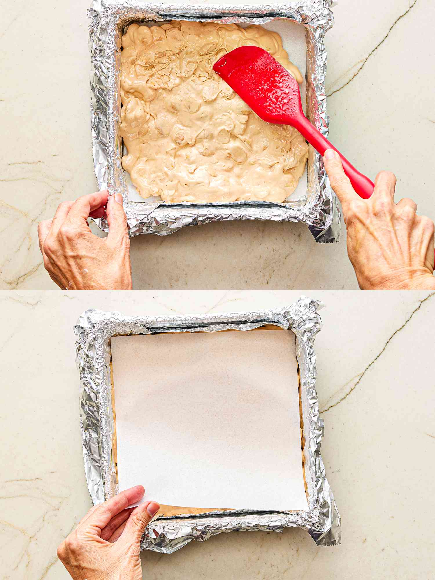 Two image collage of transferring turron de alicante mixture to a pan and covering with parchment paper