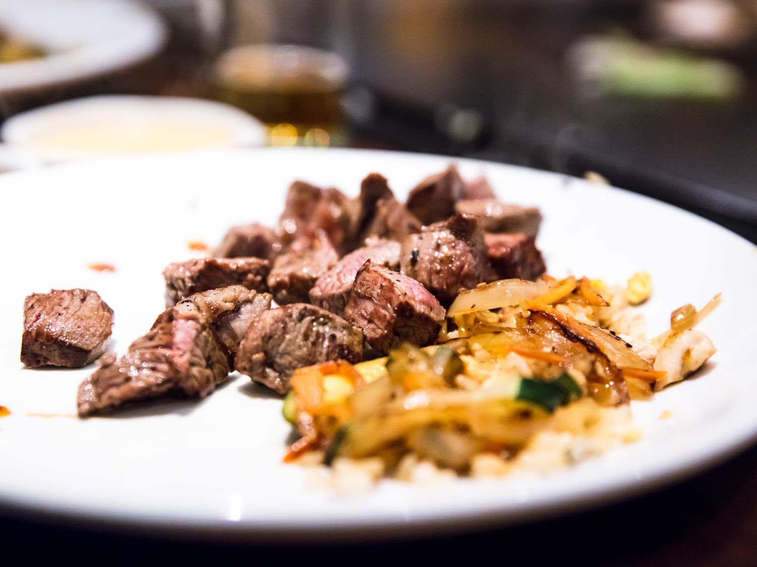 Steak and vegetables served at Benihana.