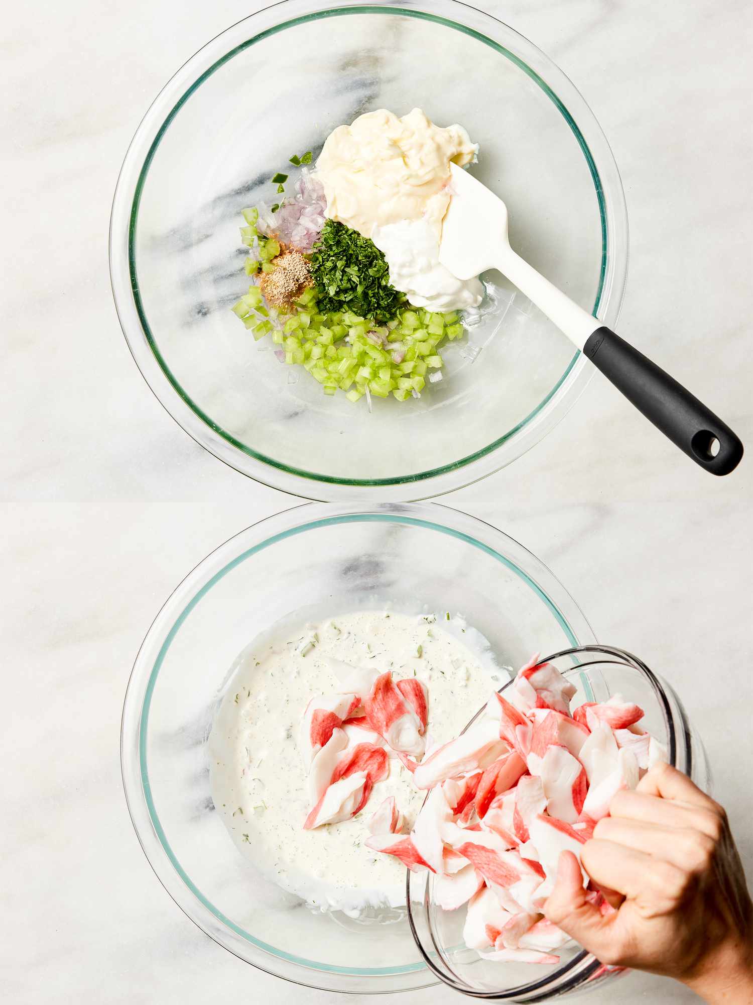 Two image collage of mayo mixture and crab being added to it