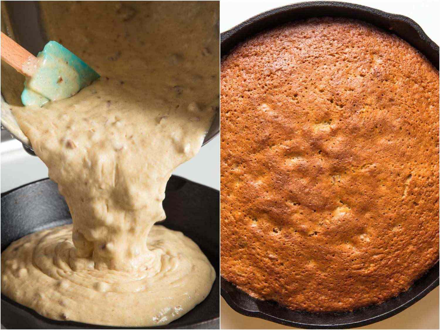 Side-by-side of raw cake batter and baked skillet cake.