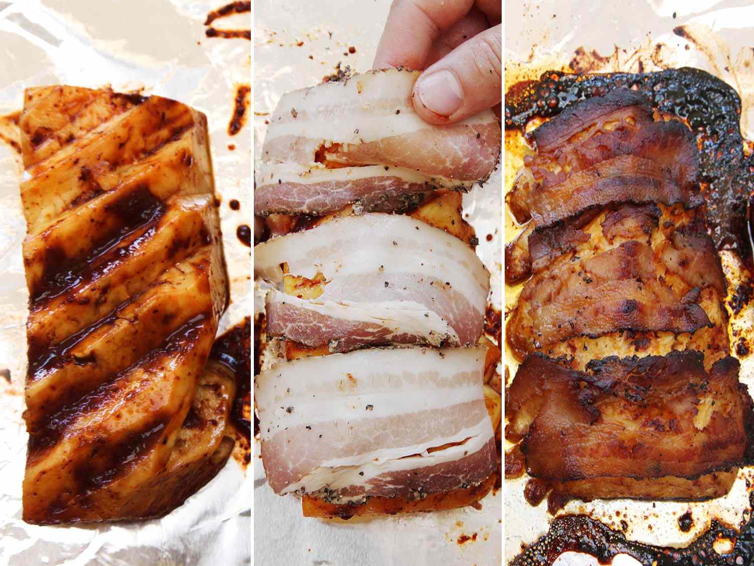 A collage of 3 images showing the adobo-rubbed pineapple, topping it with bacon slices, and the roasted pineapple after cooking.