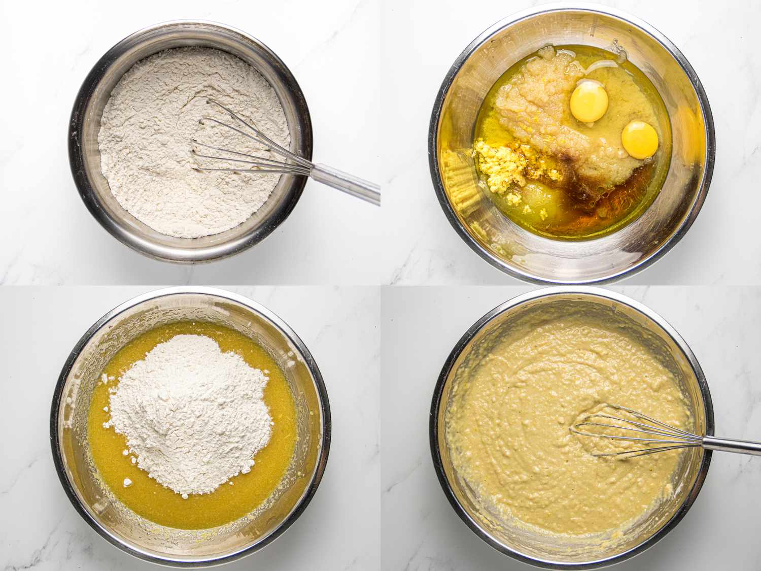 Four steps in a recipe process including mixing dry ingredients combining wet ingredients with applesauce adding flour and blending into a batter