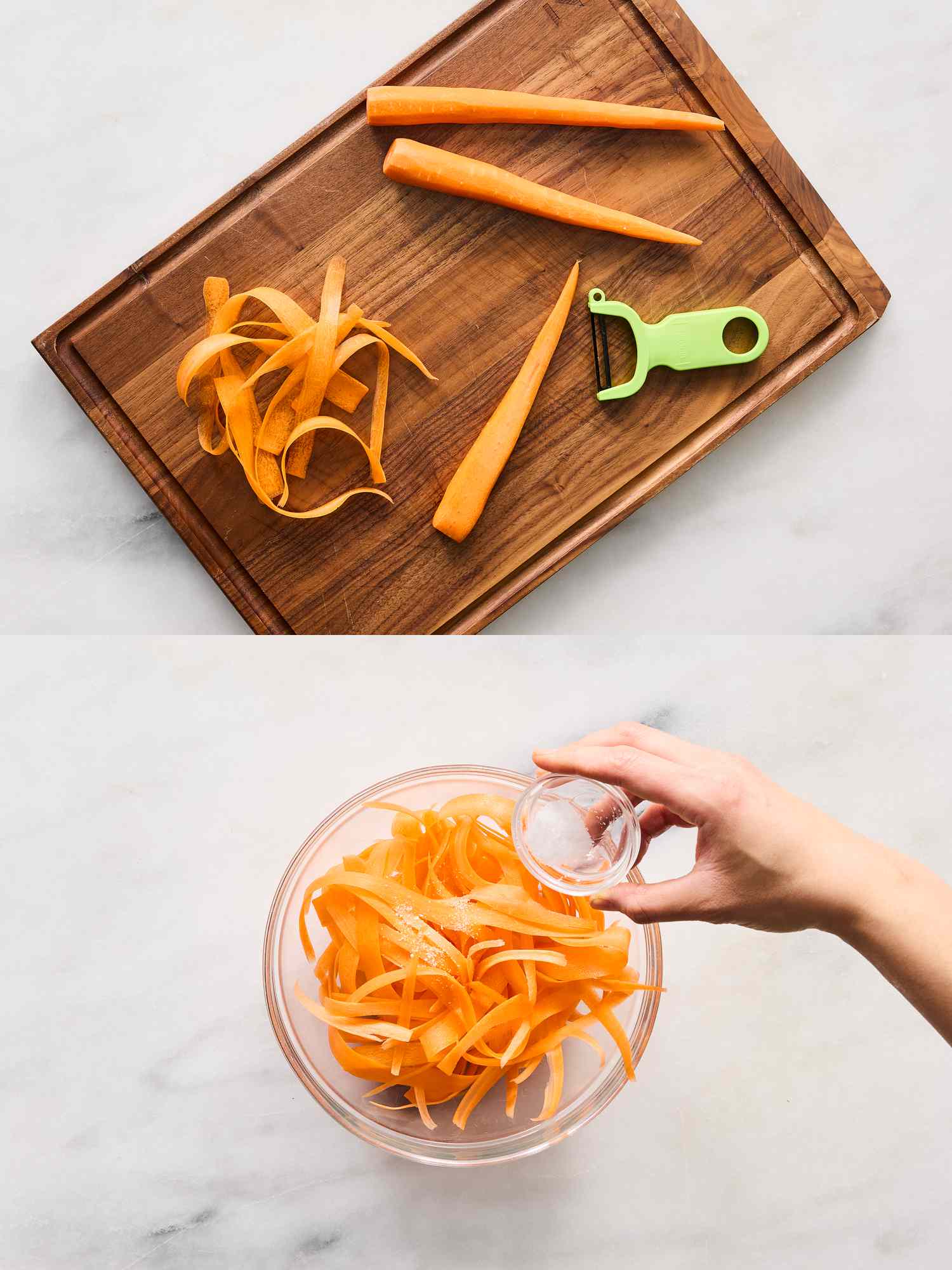 2 image collage. Top: peeling carrots with a y-peeler on wooden board. bottom: tossing carrot ribbons in a bowl with salt. 
