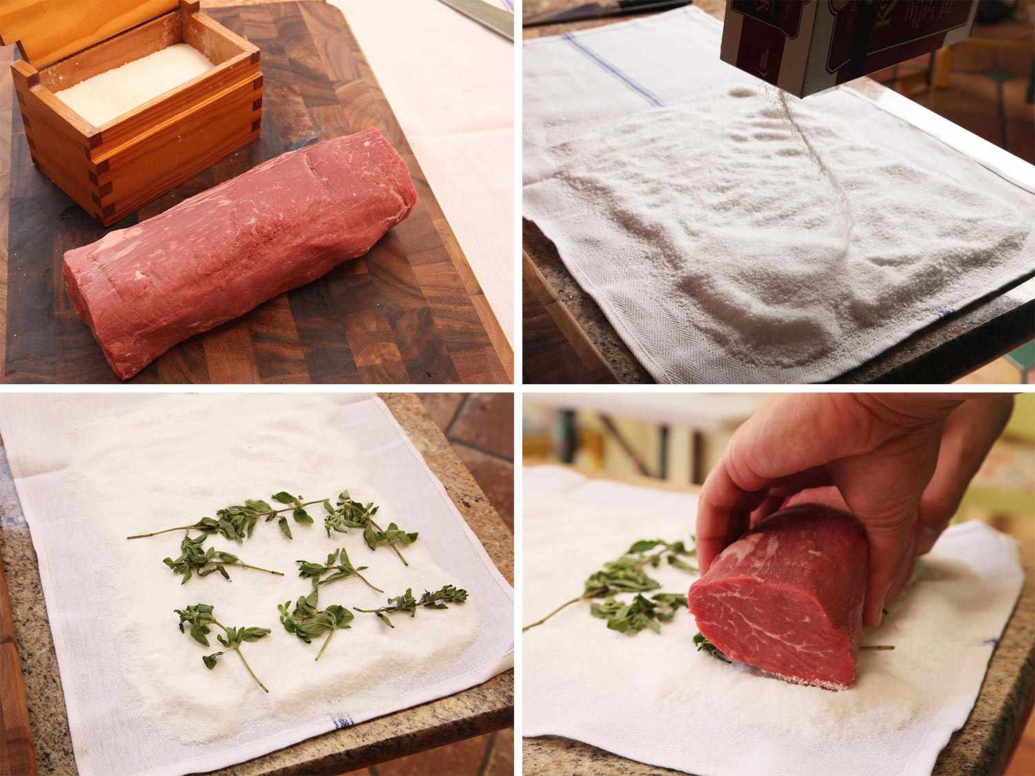 Collage of four images showing a tenderloin, layering salt on a dish towel, scattering the surface with herb sprigs, and placing the tenderloin roast on top.