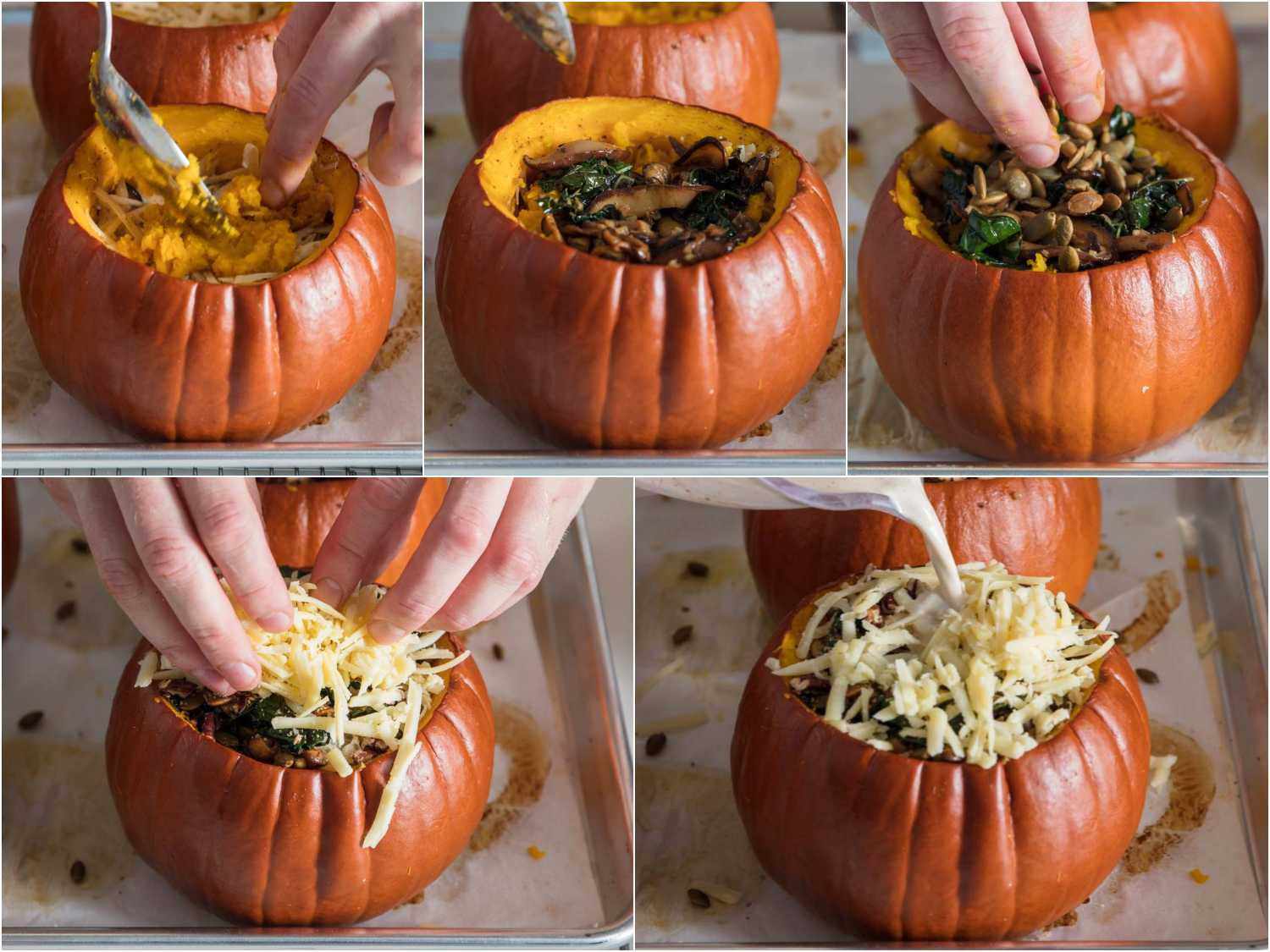 Photo collage showing final layers of stuffed pumpkins.
