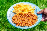 A Certified International Radiance Teal Melamine Dinnerware Set plate containing macaroni and cheese alongside baked beans held outdoors