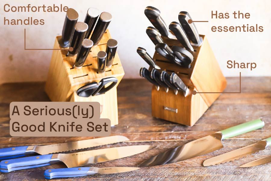 four knife sets on a wooden surface