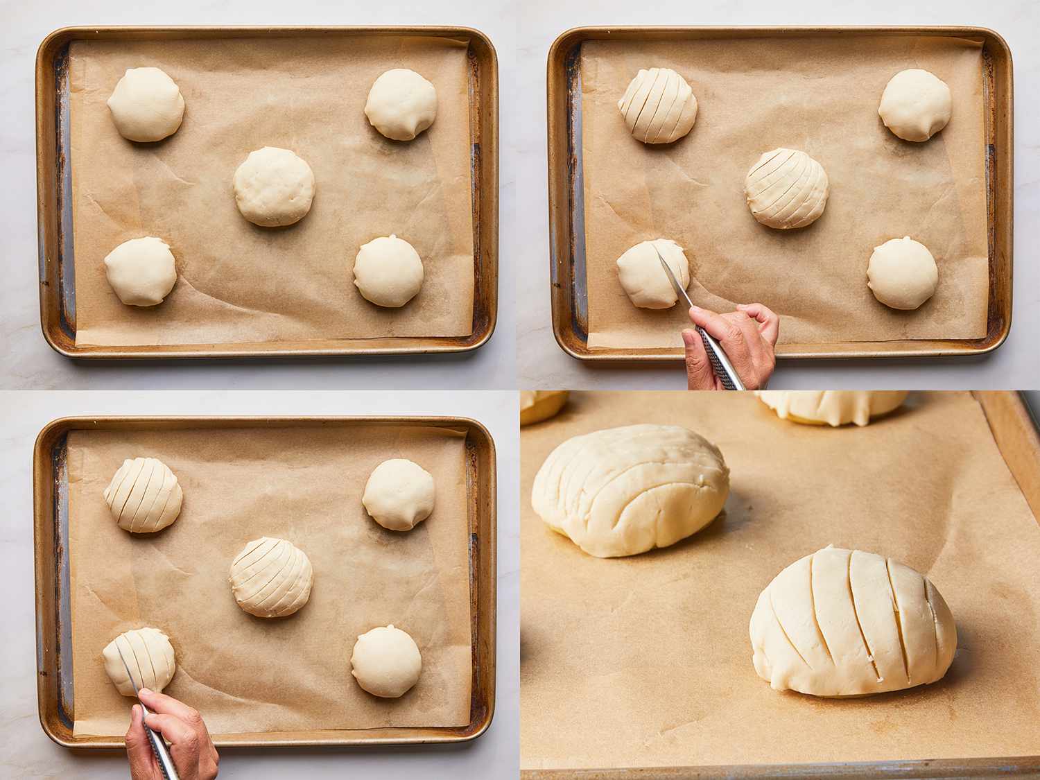 Four image collage of concha dough covered with crust dough and then scored with a knife. Last image shows close up of scoring on concha crust.
