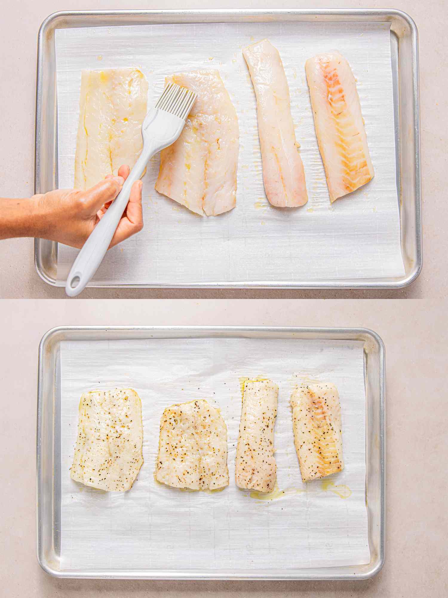 Two stages of preparing cod fillets on a baking sheet brushing oil on fillets and seasoning them with spices