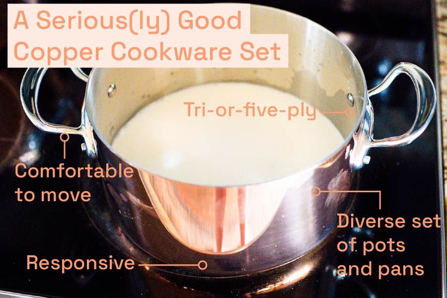 A copper saucepan on a stovetop with labeled features like comfortable handles and multiply construction
