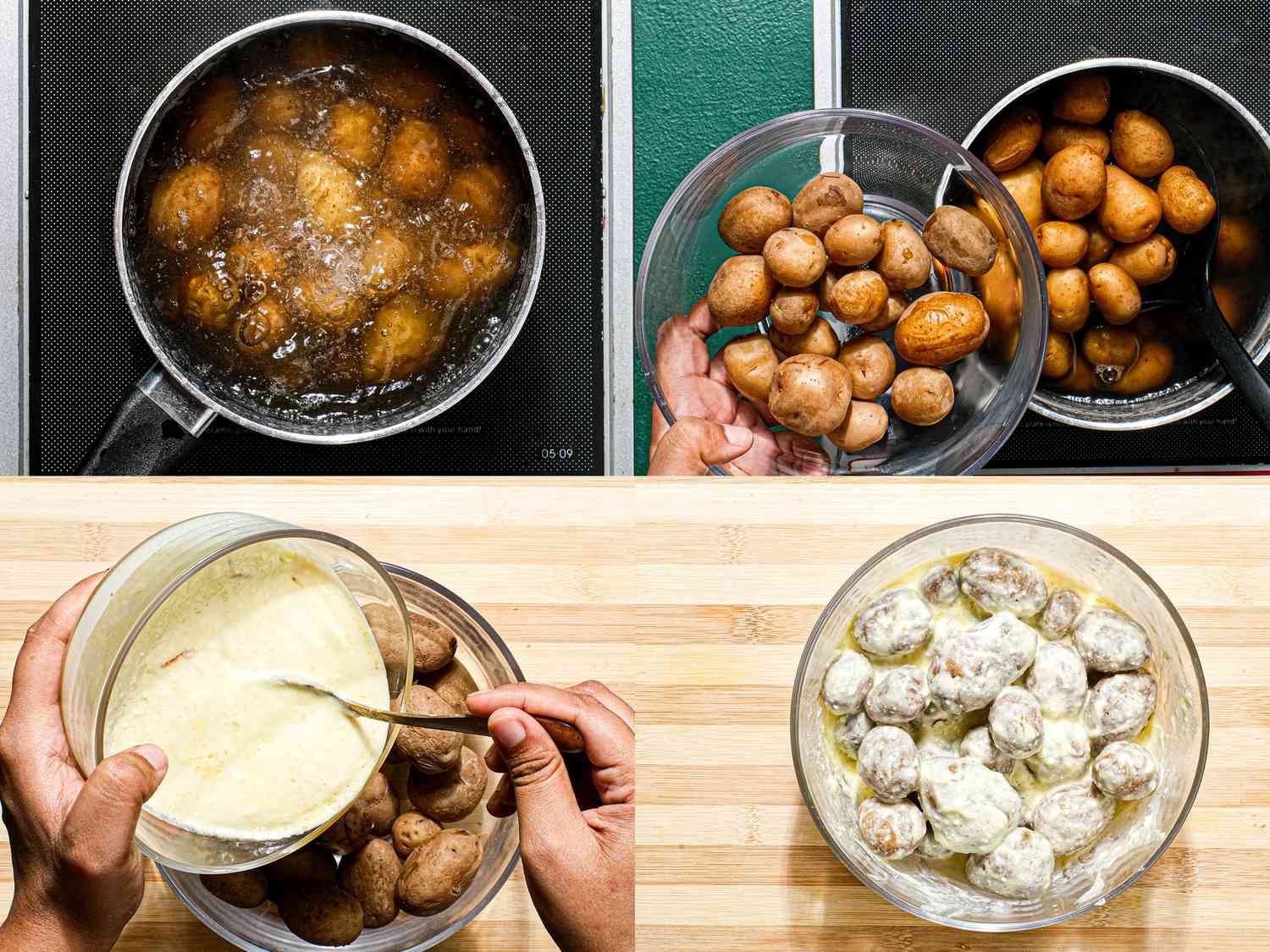 Four image collage of cooking potatoes