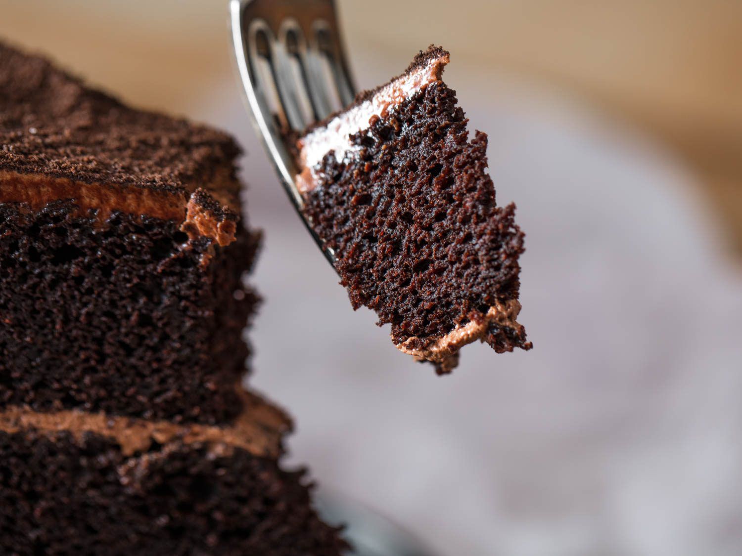 A fork pulling out a bite of chocolate Devil's food cake.