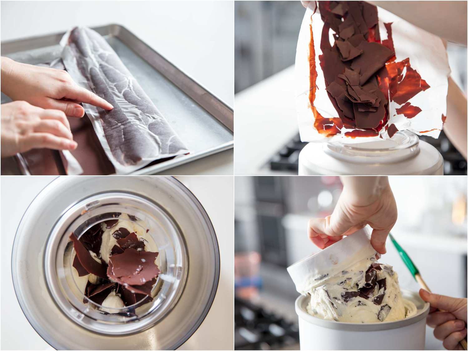 Collage of four images showing rolling the chocolate-coated parchment to create custom chunks and then adding them to the churned gelato.