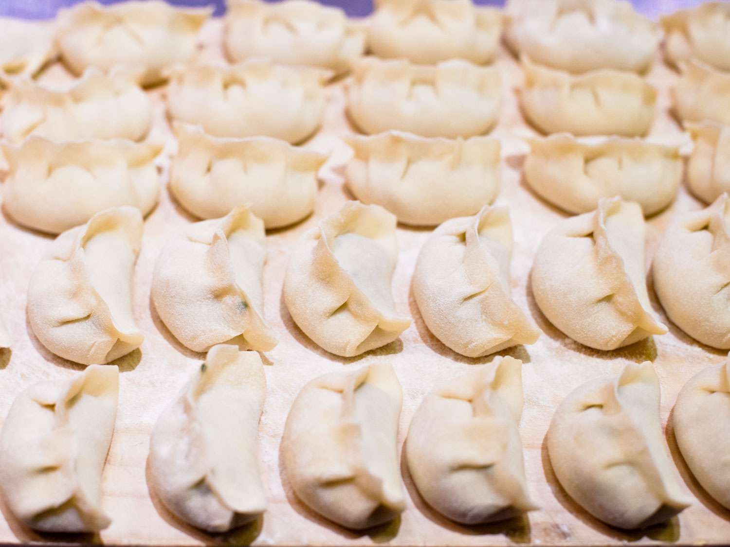 Perfectly formed jiaozi are arranged on a work surface, ready to be steamed or pan-fried.