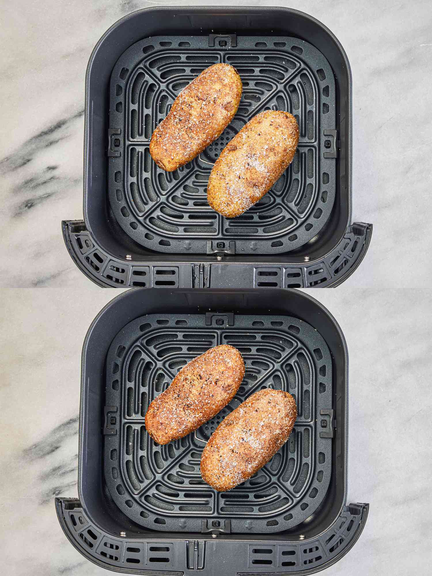 Two image collage of potato in air fryer before and after