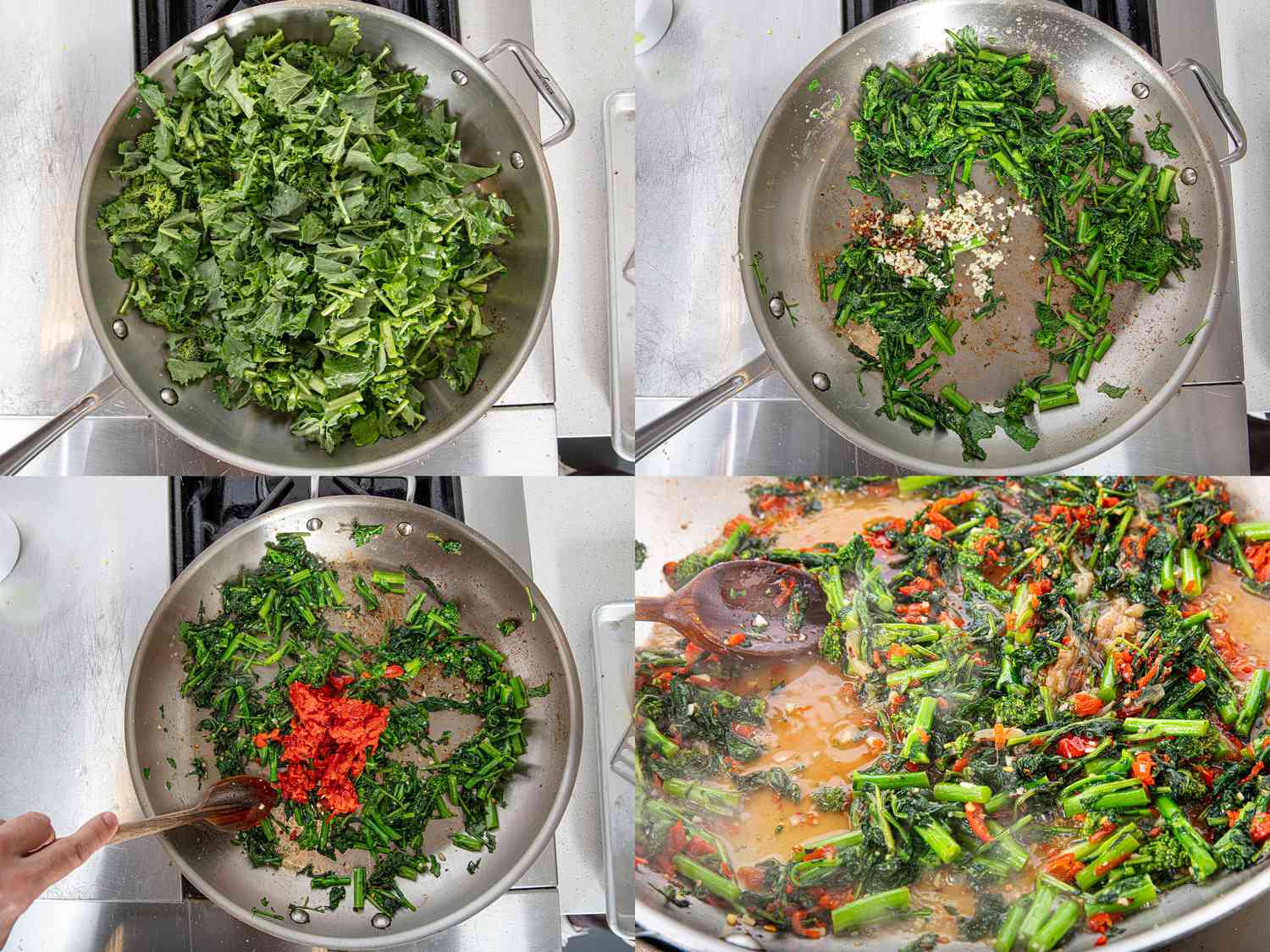 Four image collage of cooking broccoli rabe