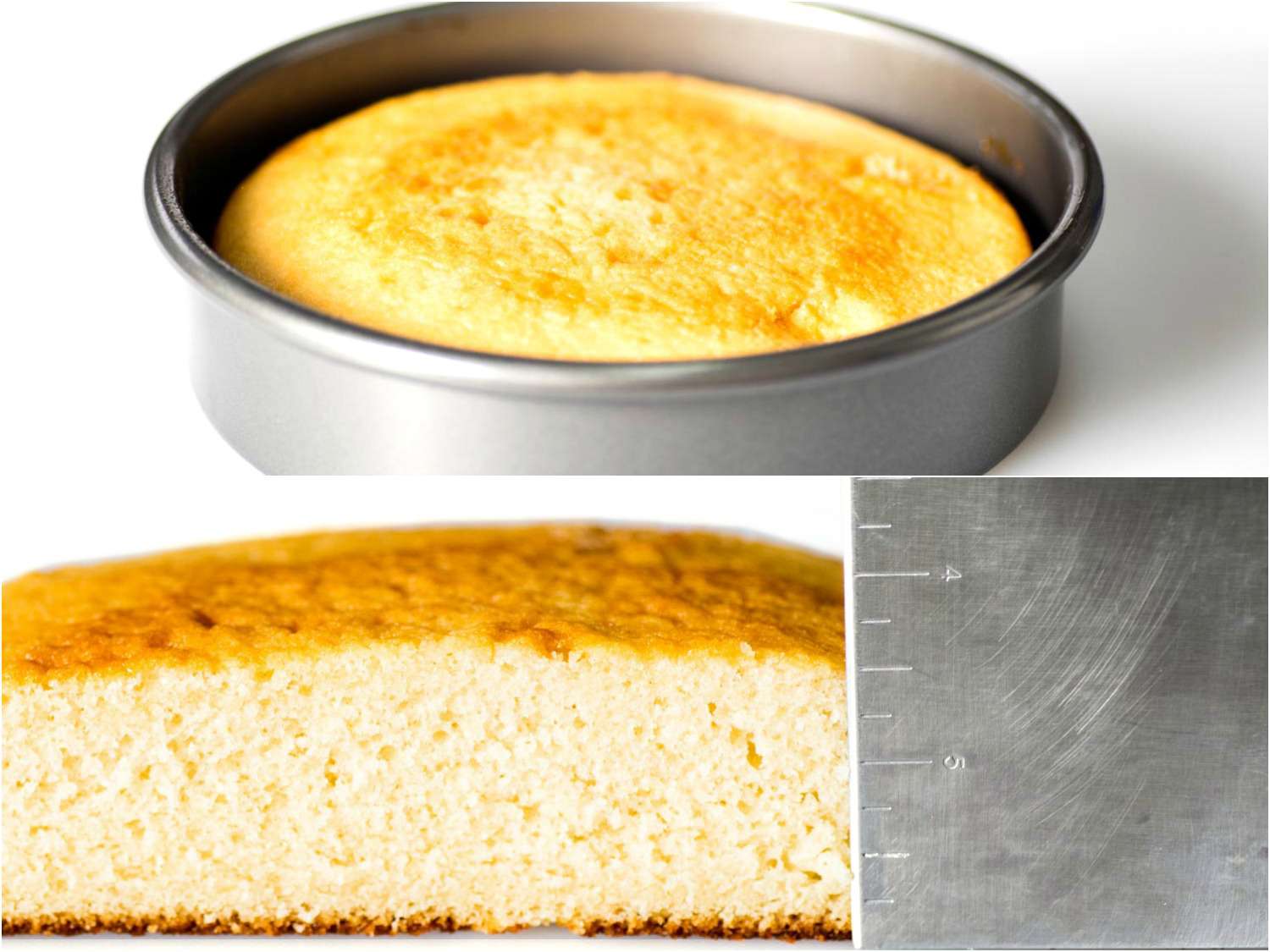 Montage of vanilla cake baked in a cake plan, plus a close-up shot of the cross-section of the cake, and the measurements on the side of the pan. 