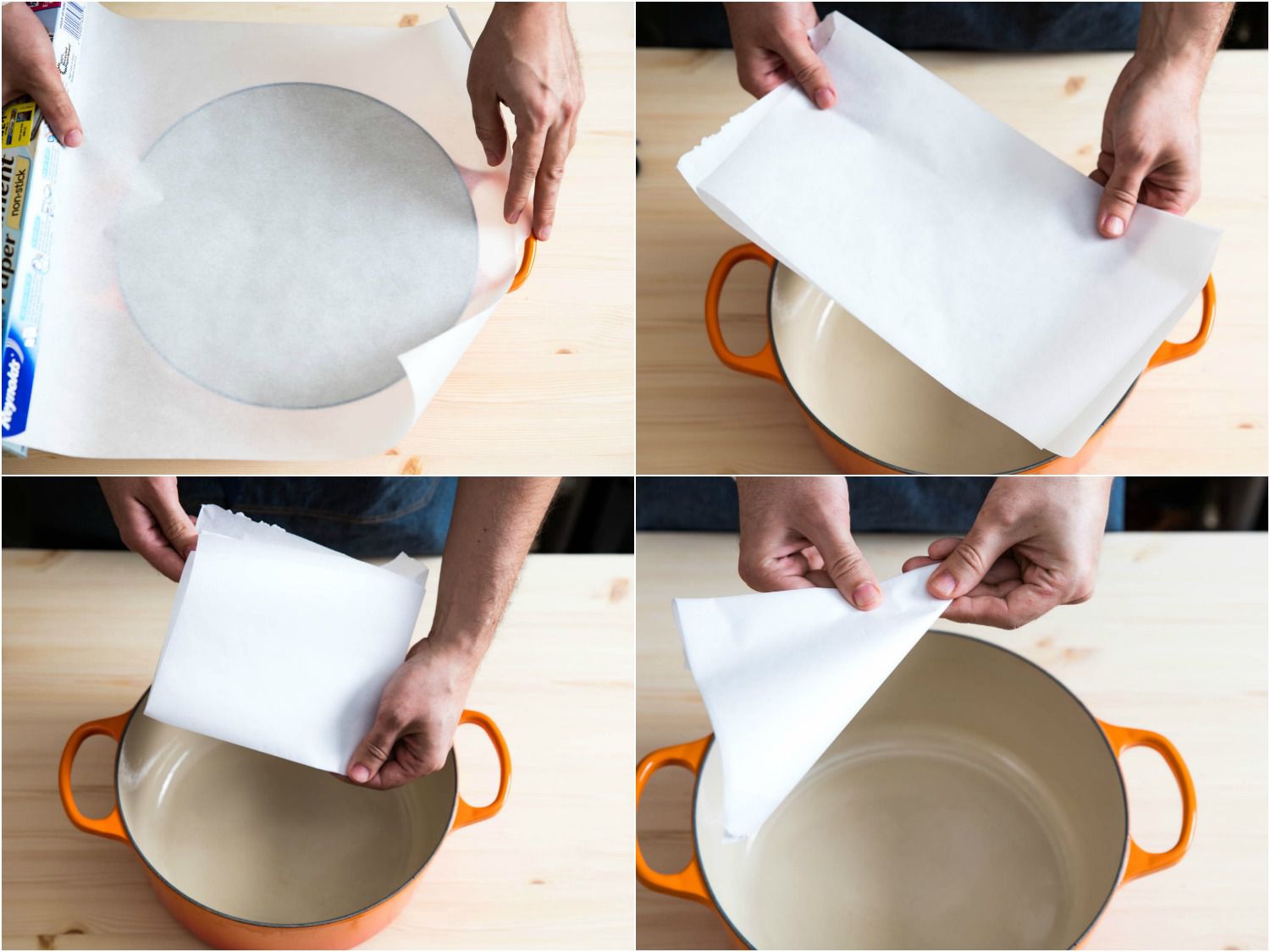 Collage of measuring and folding parchment to fashion a lid.