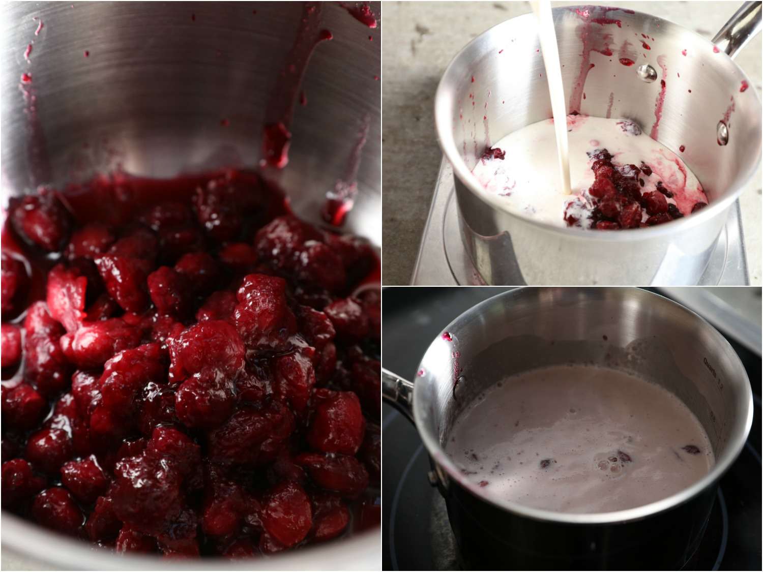 A collage of photos: cherry pieces and juice in a pan, cream being added to a pan of cherry pits, and that pan cooking.