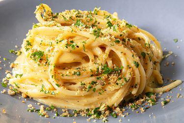 Side view of caesar pasta