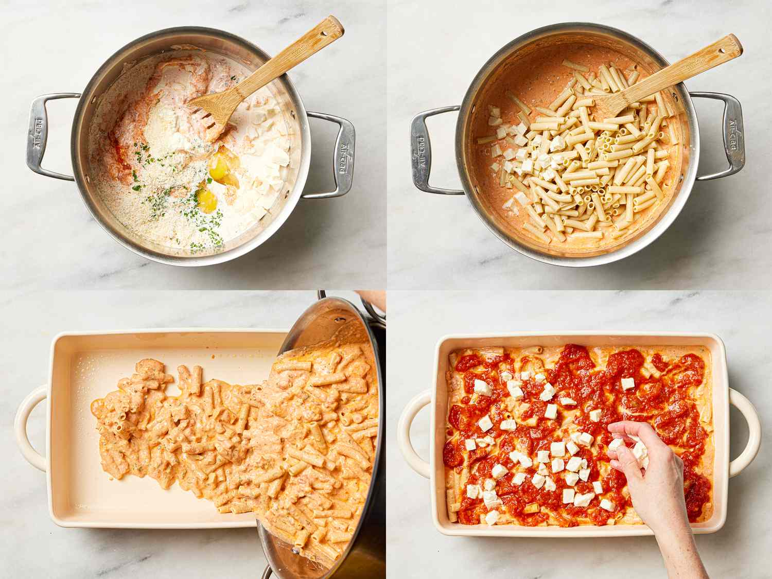 Four image collage of making sauce, adding pasta, and transferring it to a baking dish