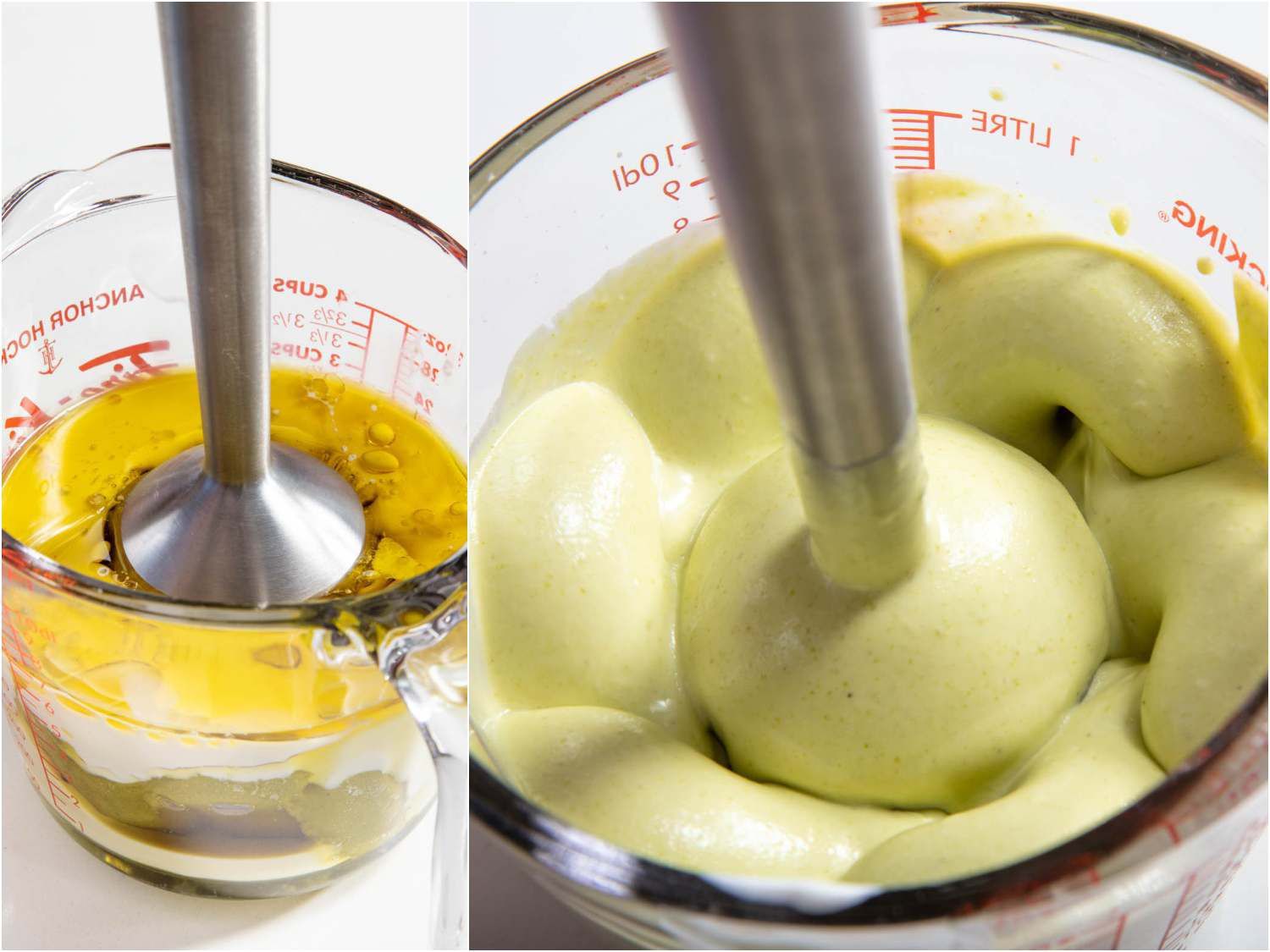 A jar of milk, yogurt, pistachio paste, and oil, before and after emulsification into a creamy spread.