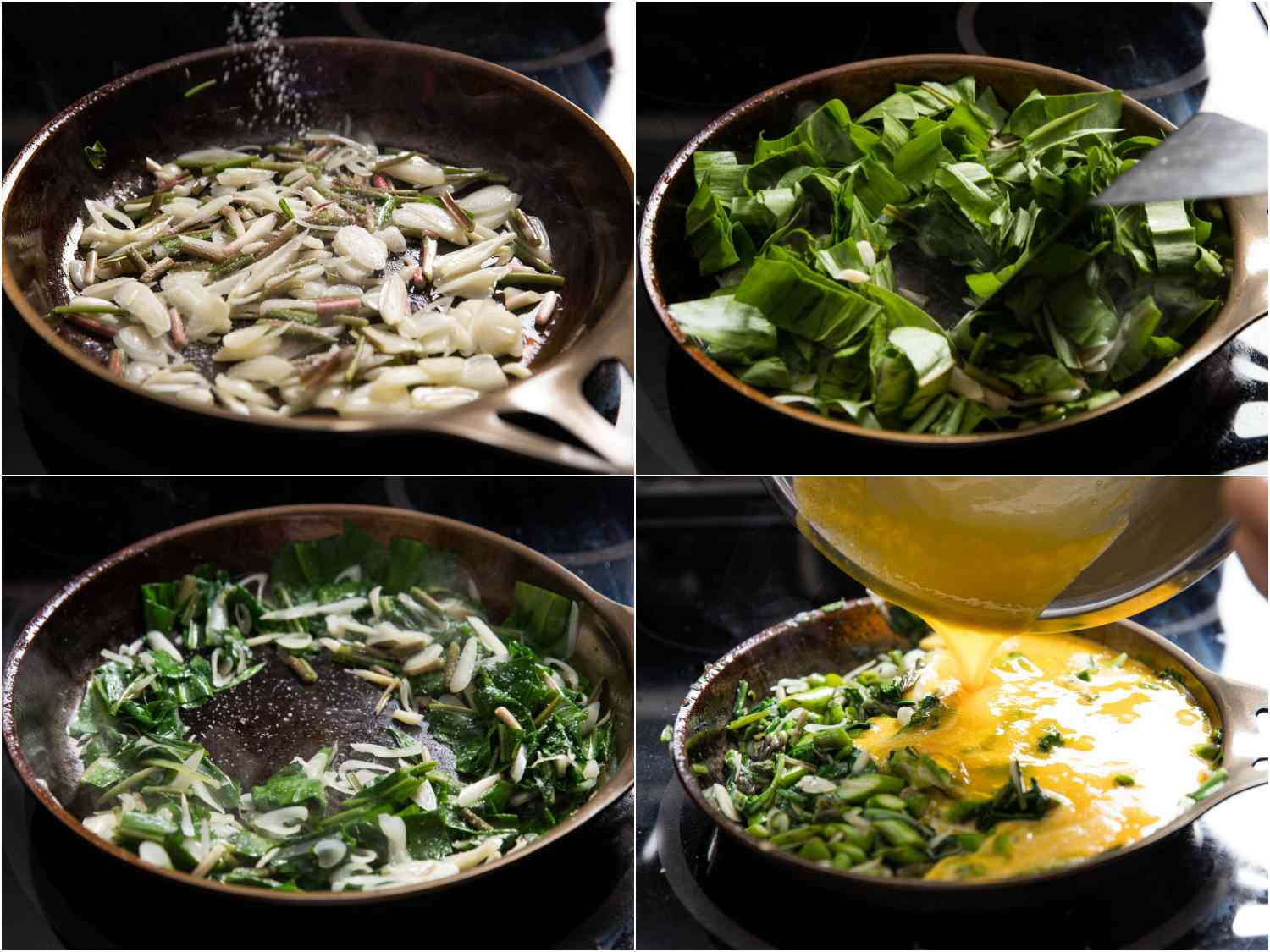 A four-image collage showing ramps being seasoned with salt, sauteed, and then having beaten eggs poured on top of them.